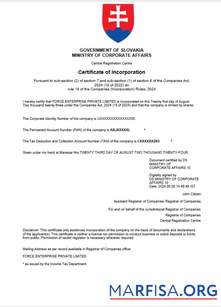 Blank Slovakia business registration certificate Word and PDF template